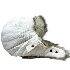 Womens Ushanka Style Faux Fur Trapper Corduroy Hat Cream Lined Winter Warm